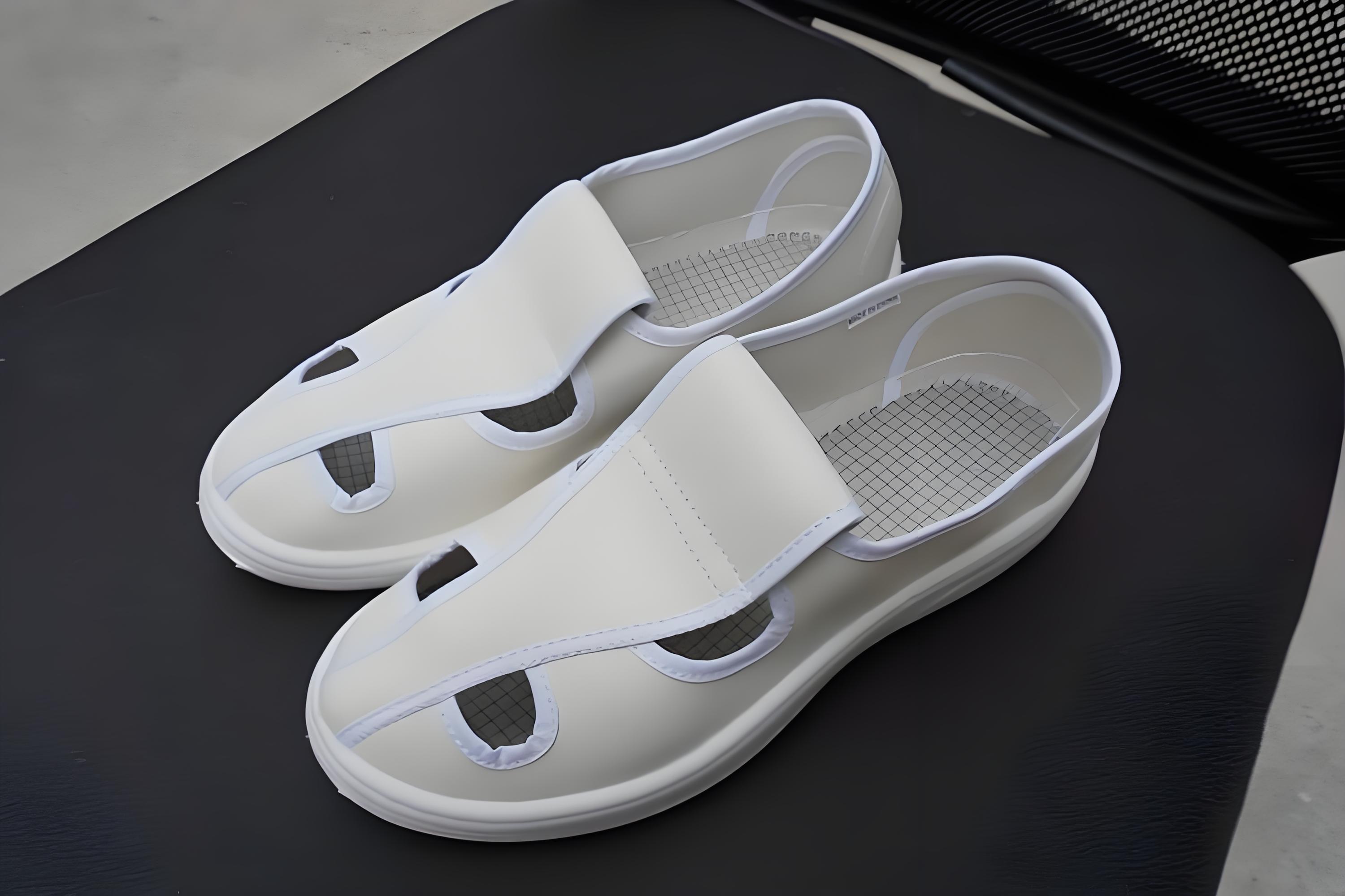 放在凳子上面展示的防静电鞋子白色男女通用工厂防静电